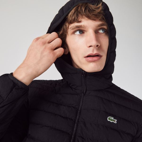 Lacoste Lightweight Foldable Hooded Water-Resistant Puffer Coat - Kabáty Pánské Černé | CZ-bZ4q8p